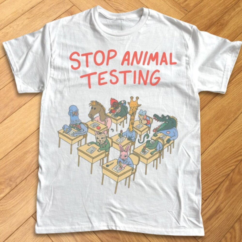 Stop Animal Testing Graphic Tee White Animal Rights Protest Art Shirt